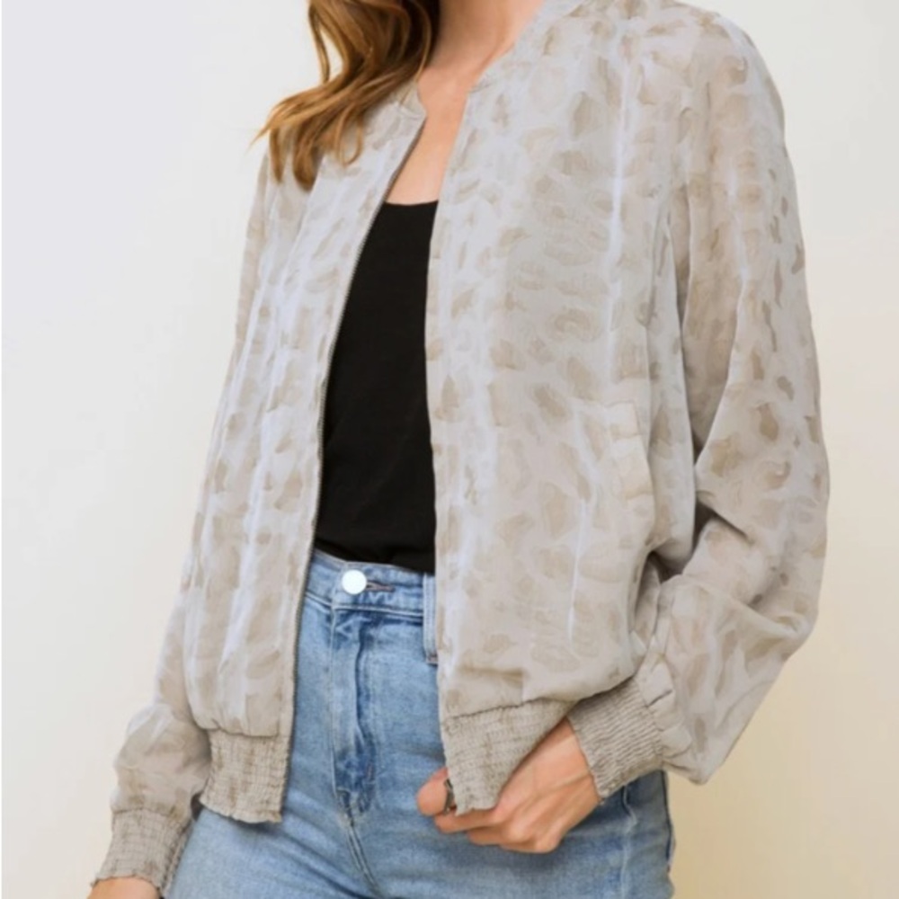 Mystery Sheer Jacquard Leopard Bomber Jacket- Mocha